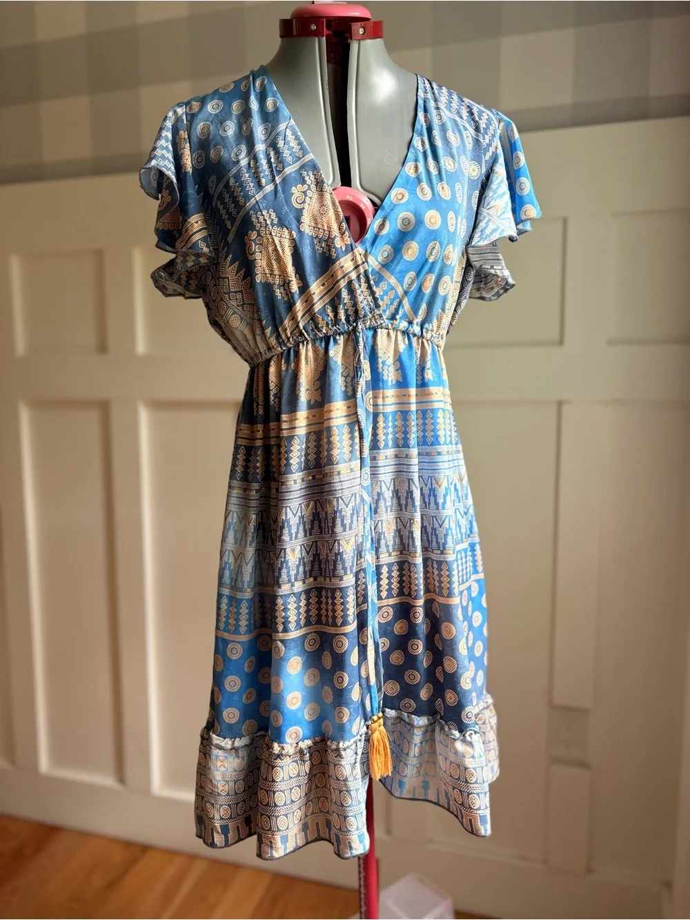 Boho Blue Printed V-Neck Mini Dress with Tassel Detail Small - Picture 6 of 10